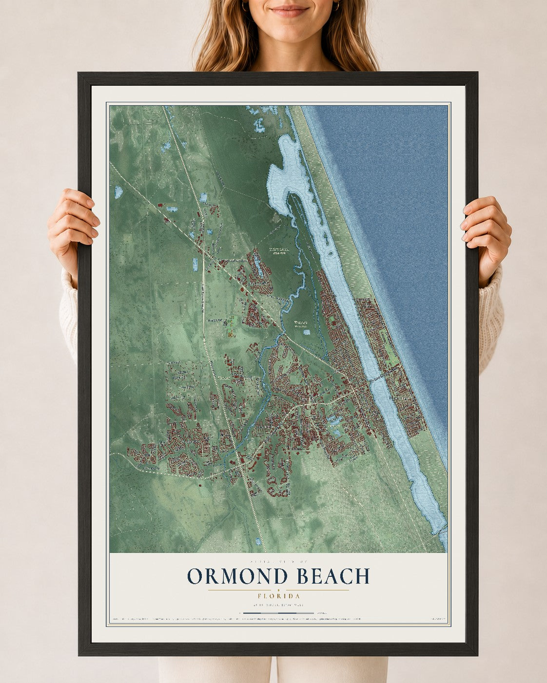 Ormond Beach, Florida map print, 24" x 36" W/ Black Ayous Wood Frame mockup