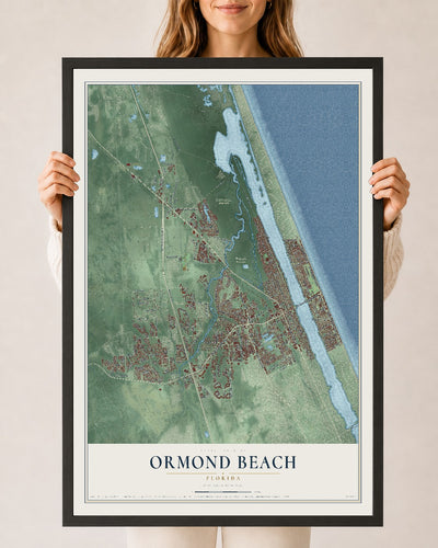 Ormond Beach, Florida map print, 24" x 36" W/ Black Ayous Wood Frame mockup