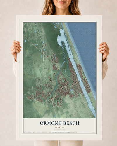 Ormond Beach, Florida map print, 24" x 36" W/ White Ayous Wood Frame mockup
