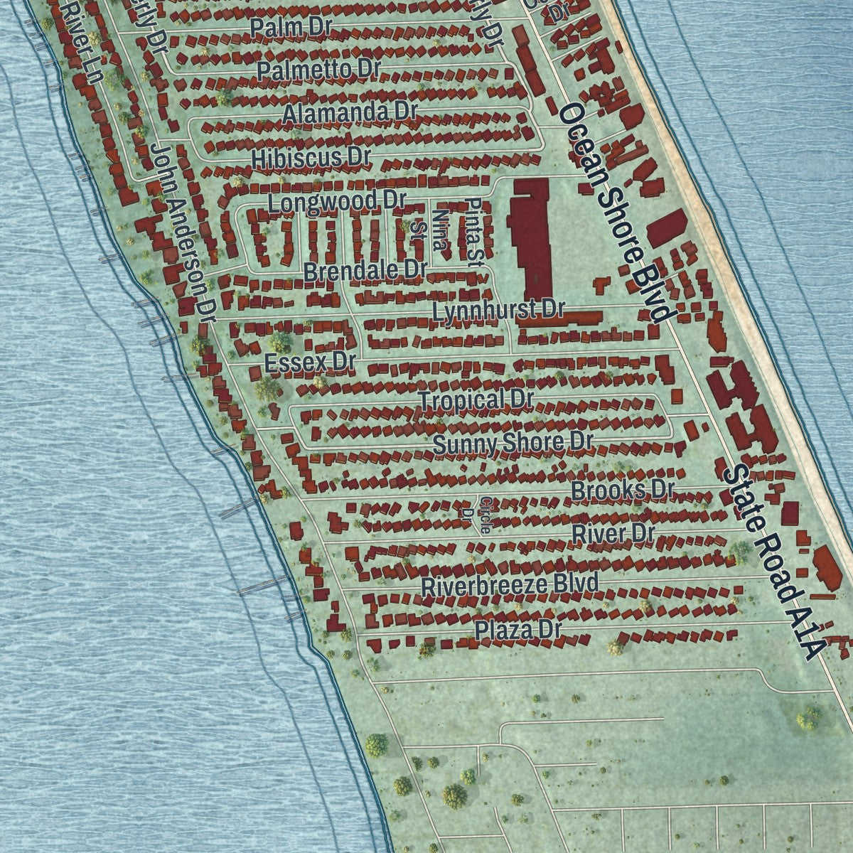 Close-up 1 of the Ormond-by-the-Sea, Florida map artwork