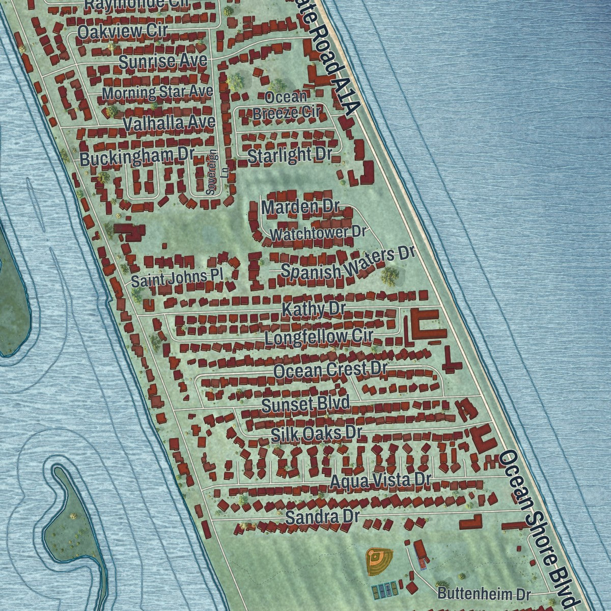 Close-up 2 of the Ormond-by-the-Sea, Florida map artwork