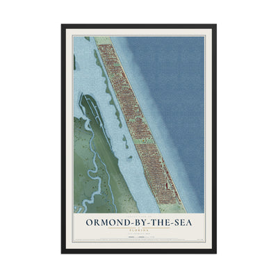 Ormond-by-the-Sea, Florida map print, 12" x 18" W/ Black Ayous Wood Frame mockup