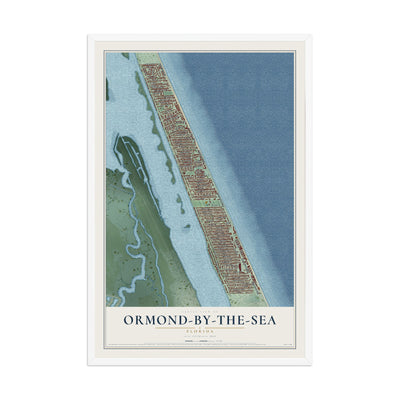 Ormond-by-the-Sea, Florida map print, 12" x 18" W/ White Ayous Wood Frame mockup
