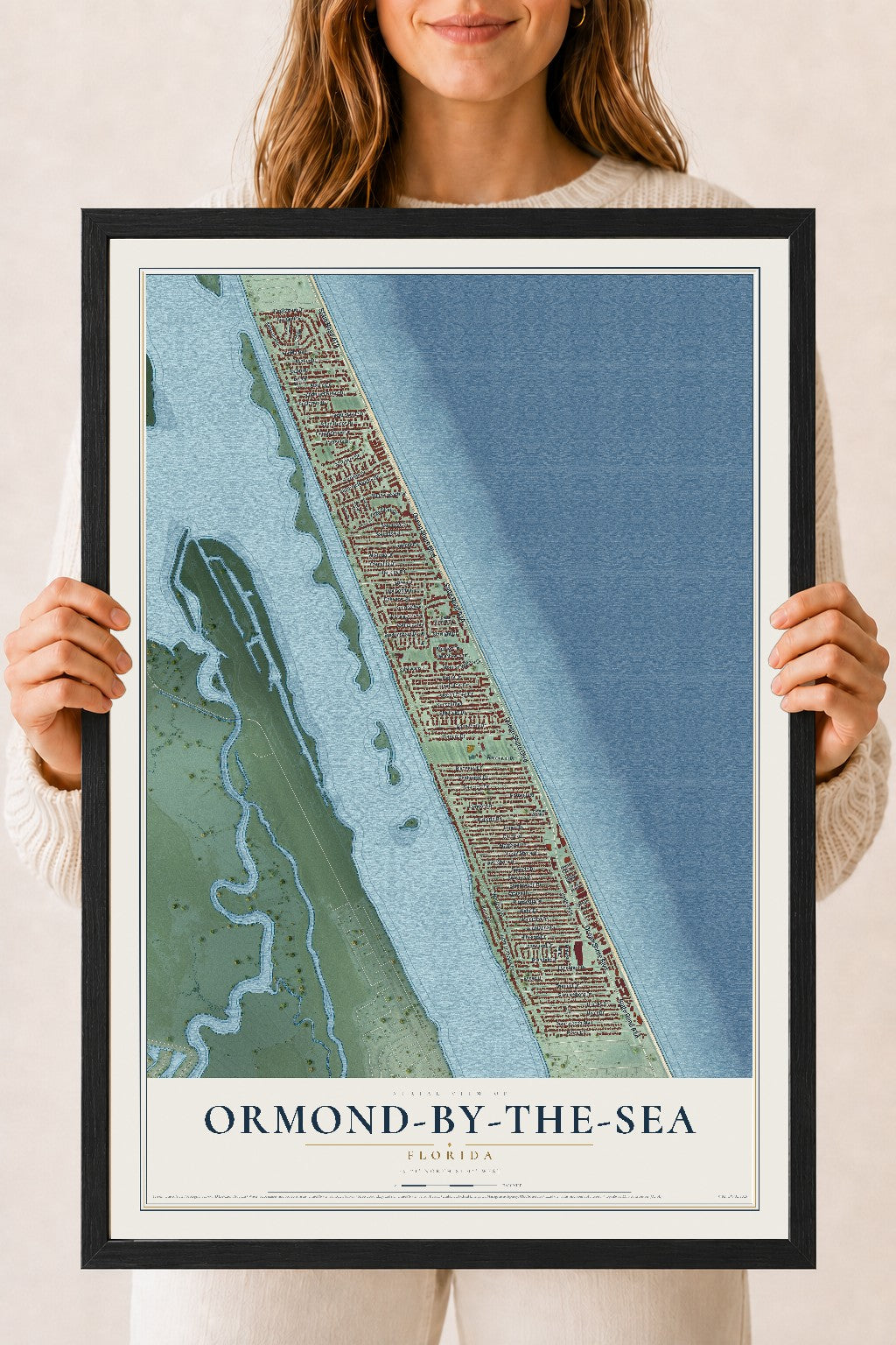 Ormond-by-the-Sea, Florida map print, 18" x 24" W/ Black Ayous Wood Frame mockup