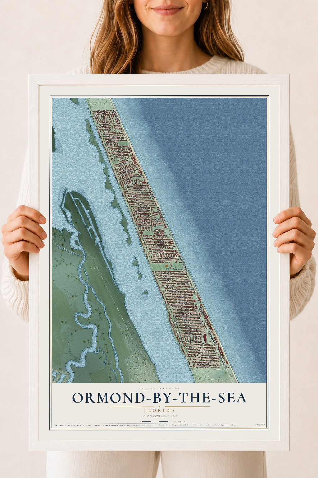Ormond-by-the-Sea, Florida map print, 18" x 24" W/ White Ayous Wood Frame mockup