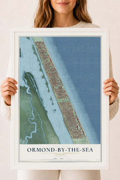 Ormond-by-the-Sea, Florida map print, 18" x 24" W/ White Ayous Wood Frame mockup