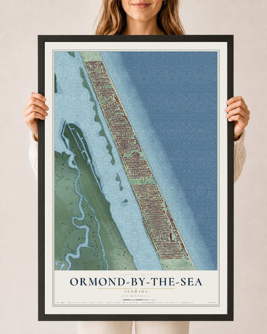 Ormond-by-the-Sea, Florida map print, 24" x 36" W/ Black Ayous Wood Frame mockup