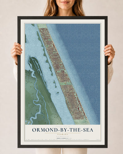 Ormond-by-the-Sea, Florida map print, 24" x 36" W/ Black Ayous Wood Frame mockup