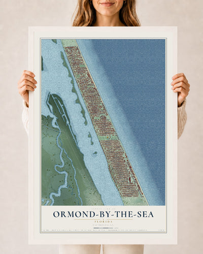 Ormond-by-the-Sea, Florida map print, 24" x 36" W/ White Ayous Wood Frame mockup