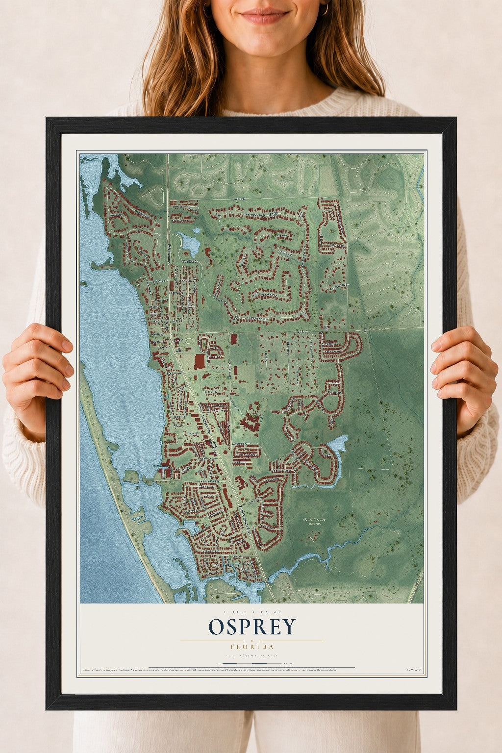 Osprey, Florida map print, 18" x 24" W/ Black Ayous Wood Frame mockup