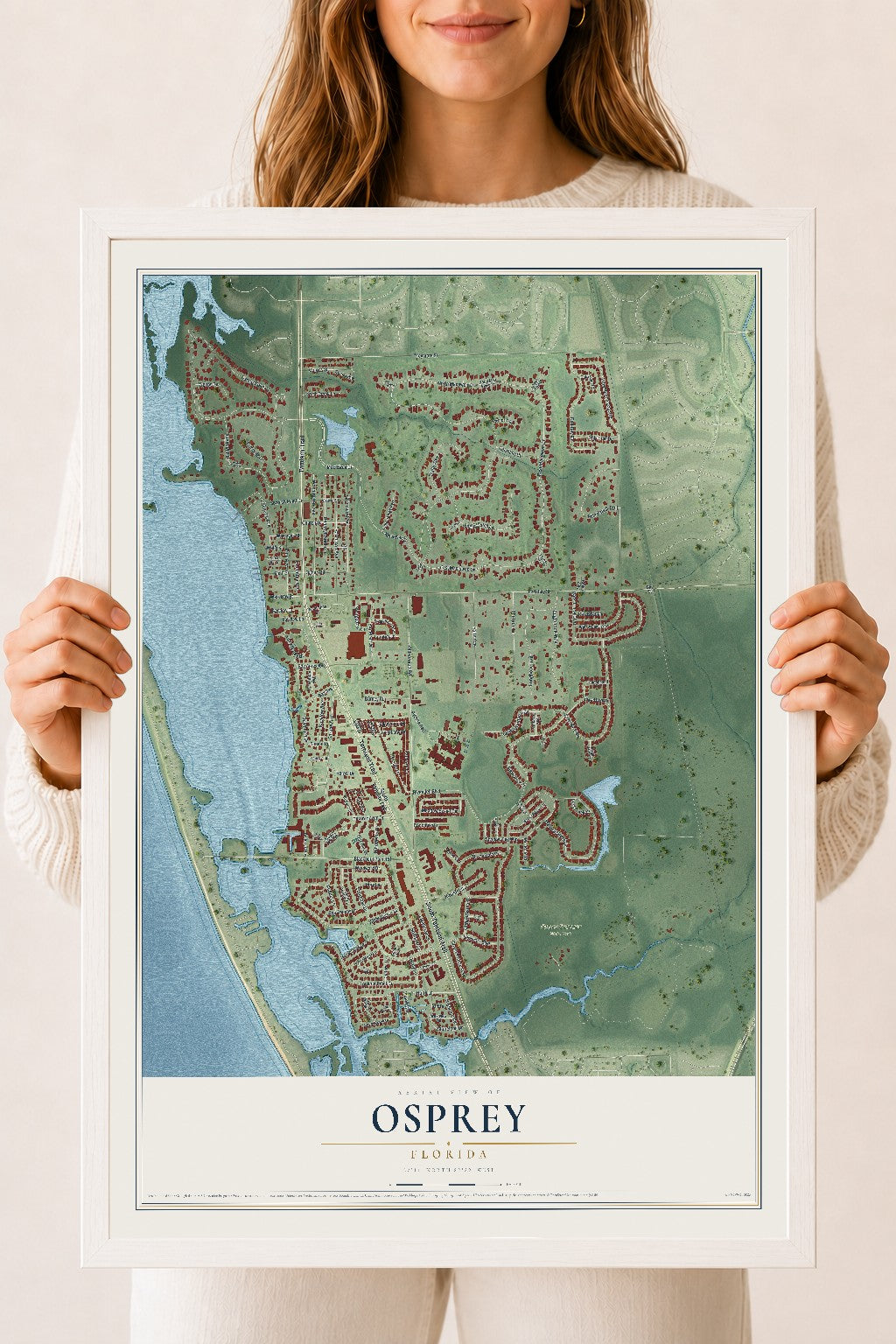 Osprey, Florida map print, 18" x 24" W/ White Ayous Wood Frame mockup