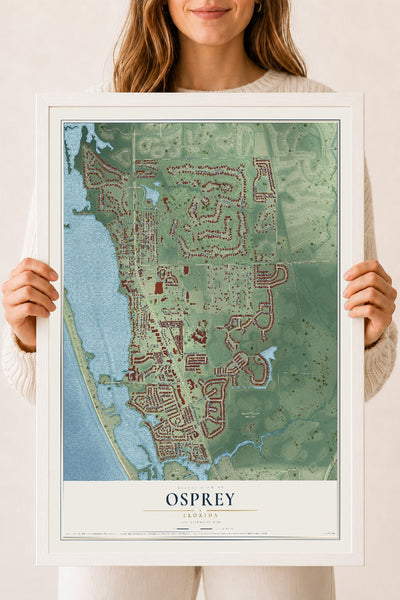 Osprey, Florida map print, 18" x 24" W/ White Ayous Wood Frame mockup
