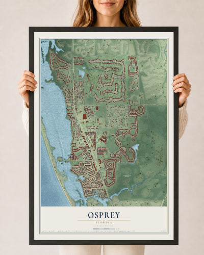 Osprey, Florida map print, 24" x 36" W/ Black Ayous Wood Frame mockup