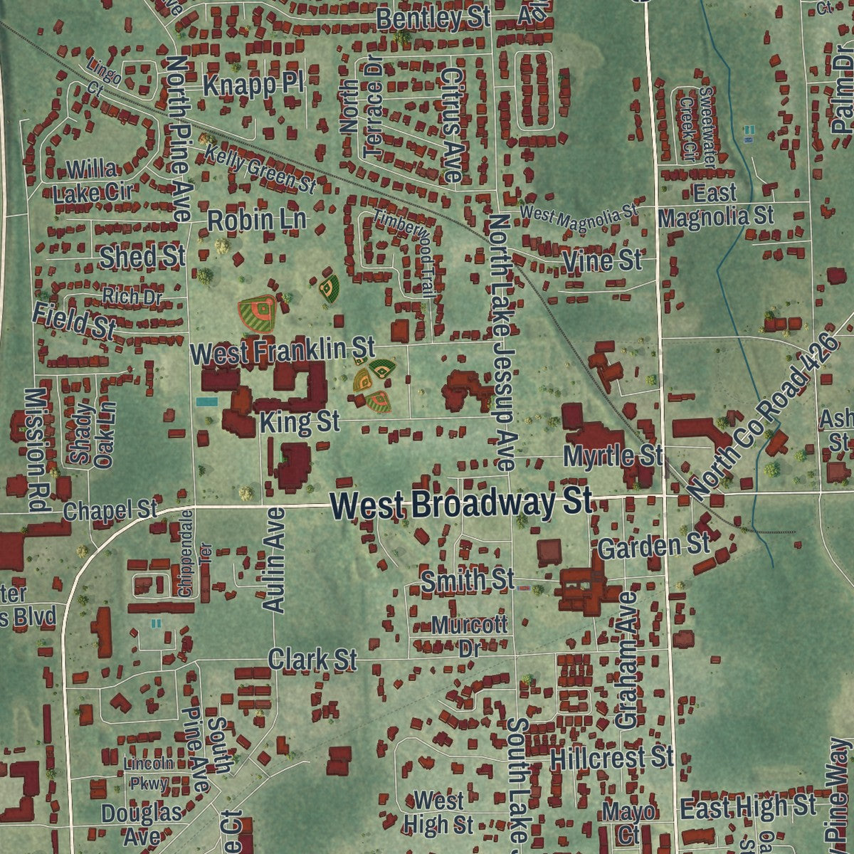 Close-up 2 of the Oviedo, Florida map artwork