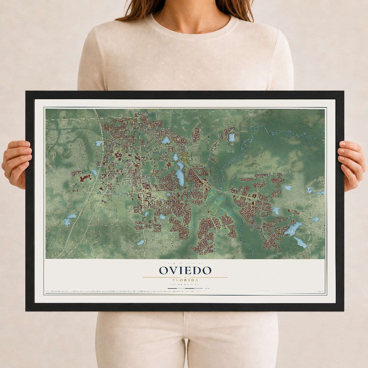 Oviedo, Florida map print, 12" x 18" W/ Black Ayous Wood Frame mockup