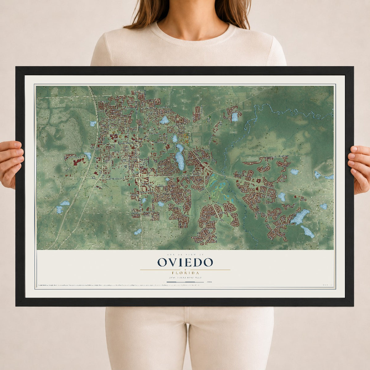 Oviedo, Florida map print, 18" x 24" W/ Black Ayous Wood Frame mockup