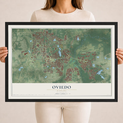 Oviedo, Florida map print, 18" x 24" W/ Black Ayous Wood Frame mockup