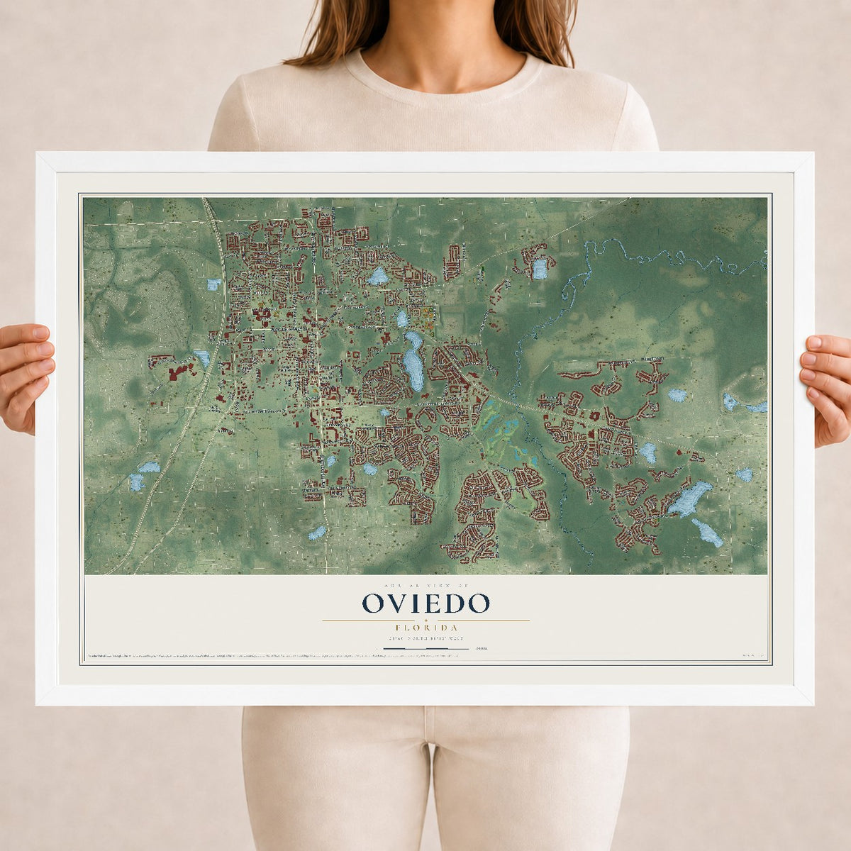 Oviedo, Florida map print, 18" x 24" W/ White Ayous Wood Frame mockup