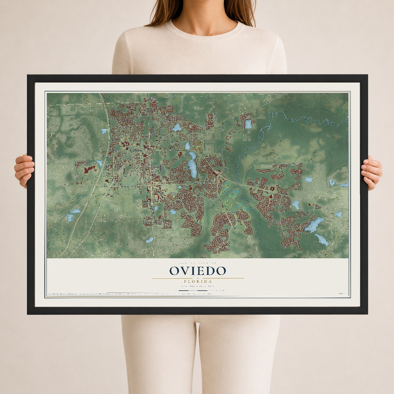 Oviedo, Florida map print, 24" x 36" W/ Black Ayous Wood Frame mockup
