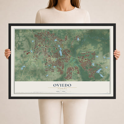 Oviedo, Florida map print, 24" x 36" W/ Black Ayous Wood Frame mockup