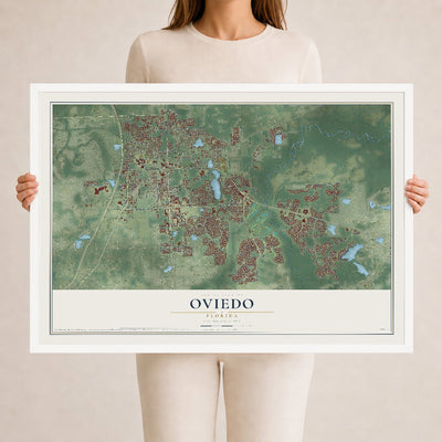 Oviedo, Florida map print, 24" x 36" W/ White Ayous Wood Frame mockup