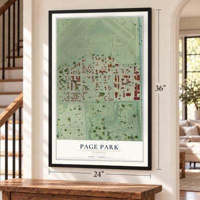 Page Park, Florida map, 24 x 36 inch print in a black frame by a staircase