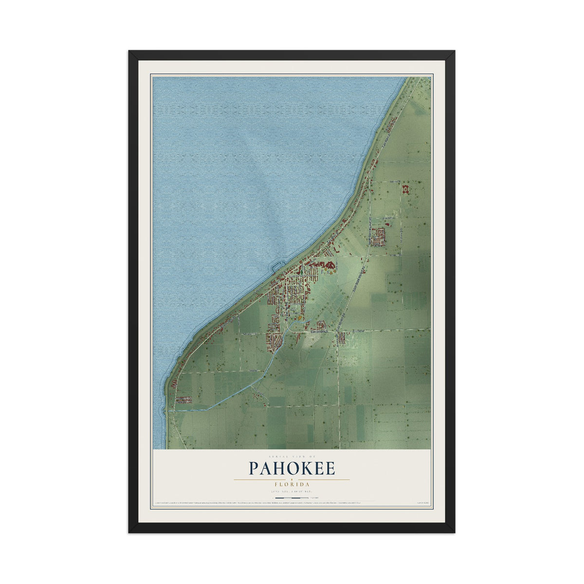 Pahokee, Florida map print, 12" x 18" W/ Black Ayous Wood Frame mockup