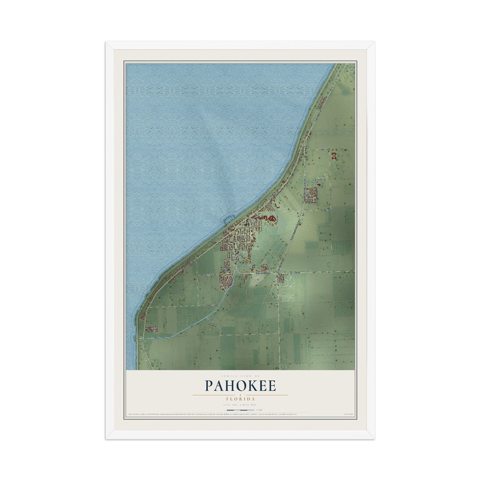 Pahokee, Florida map print, 12" x 18" W/ White Ayous Wood Frame mockup