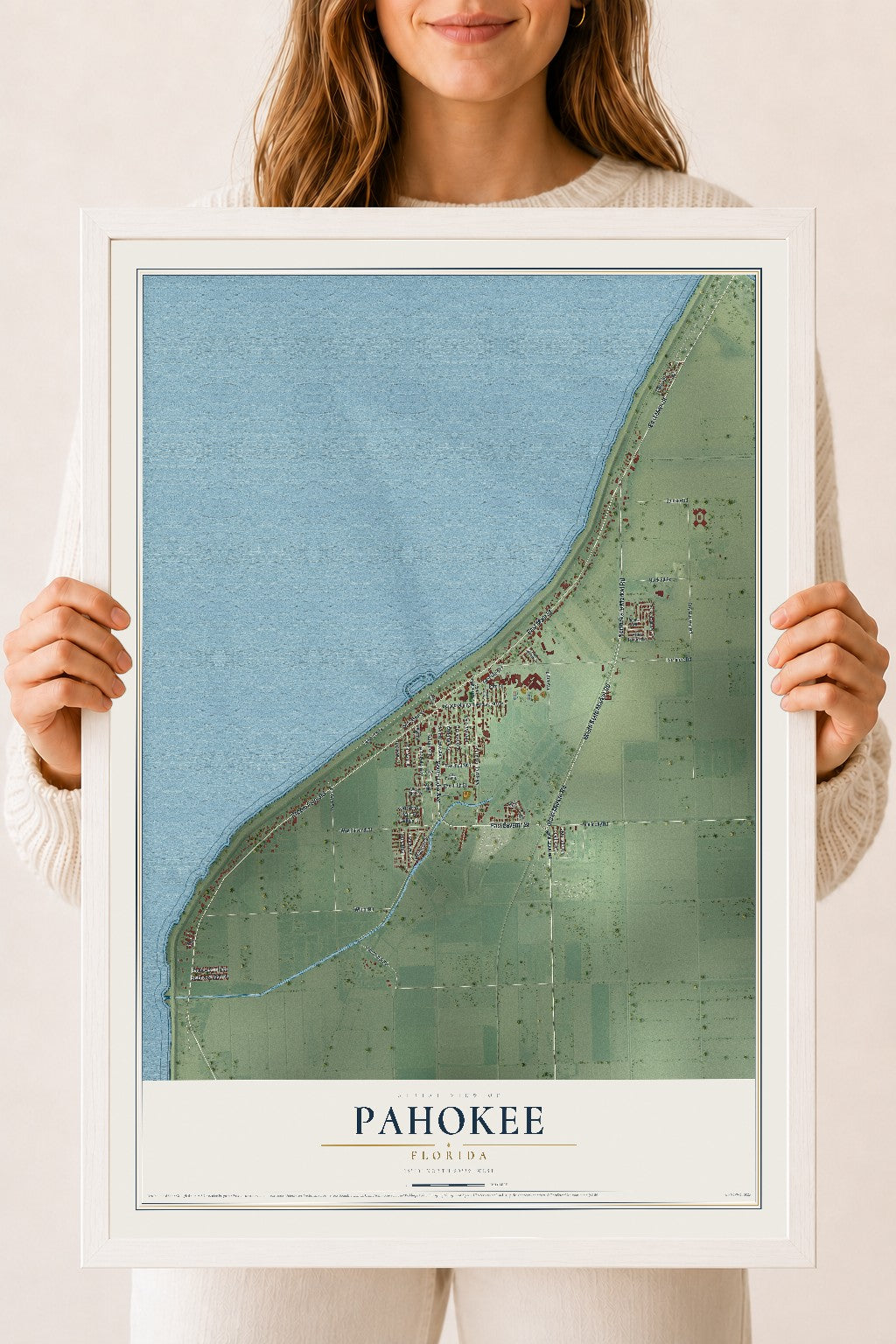 Pahokee, Florida map print, 18" x 24" W/ White Ayous Wood Frame mockup