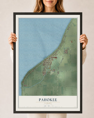 Pahokee, Florida map print, 24" x 36" W/ Black Ayous Wood Frame mockup