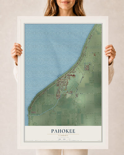 Pahokee, Florida map print, 24" x 36" W/ White Ayous Wood Frame mockup