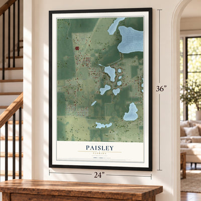 Paisley, Florida map, 24 x 36 inch print in a black frame by a staircase