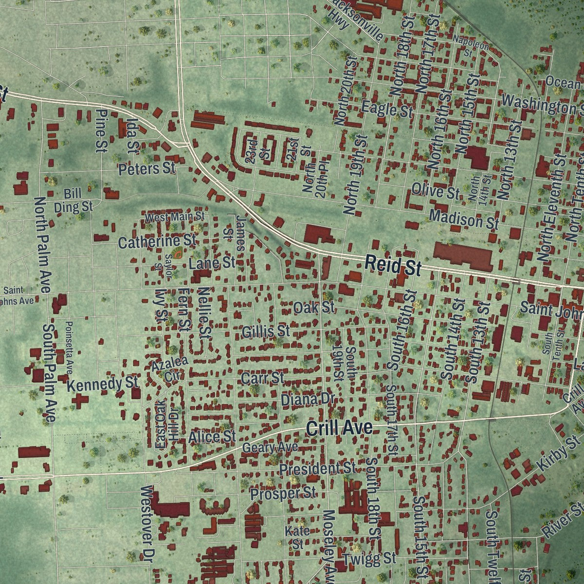 Close-up 1 of the Palatka, Florida map artwork