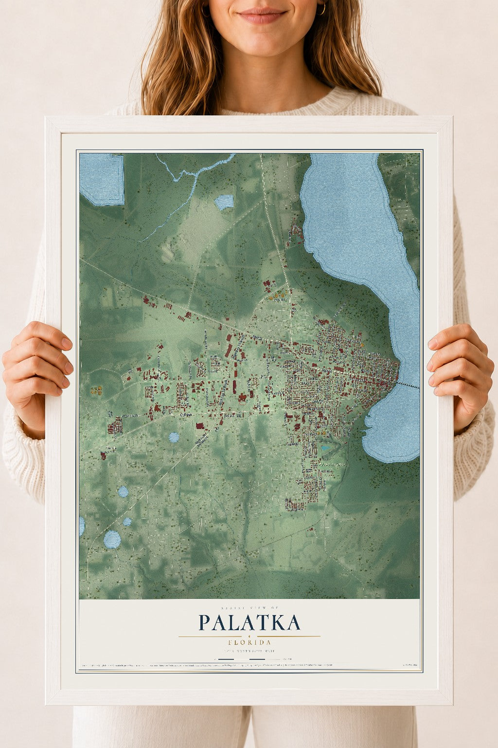 Palatka, Florida map print, 18" x 24" W/ White Ayous Wood Frame mockup