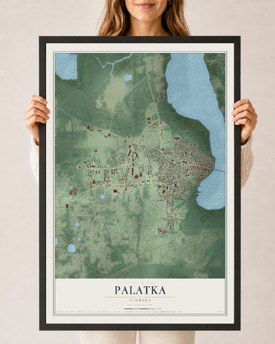 Palatka, Florida map print, 24" x 36" W/ Black Ayous Wood Frame mockup