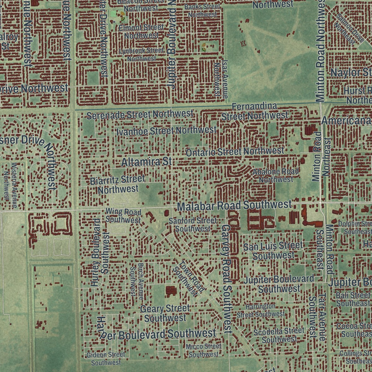Close-up 2 of the Palm Bay, Florida map artwork