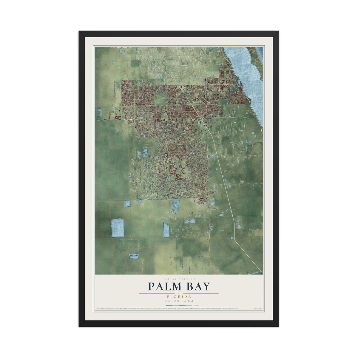 Palm Bay, Florida map print, 12" x 18" W/ Black Ayous Wood Frame mockup