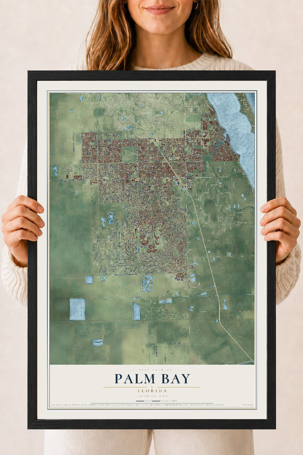 Palm Bay, Florida map print, 18" x 24" W/ Black Ayous Wood Frame mockup