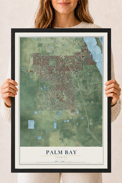Palm Bay, Florida map print, 18" x 24" W/ Black Ayous Wood Frame mockup