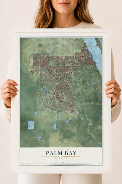 Palm Bay, Florida map print, 18" x 24" W/ White Ayous Wood Frame mockup