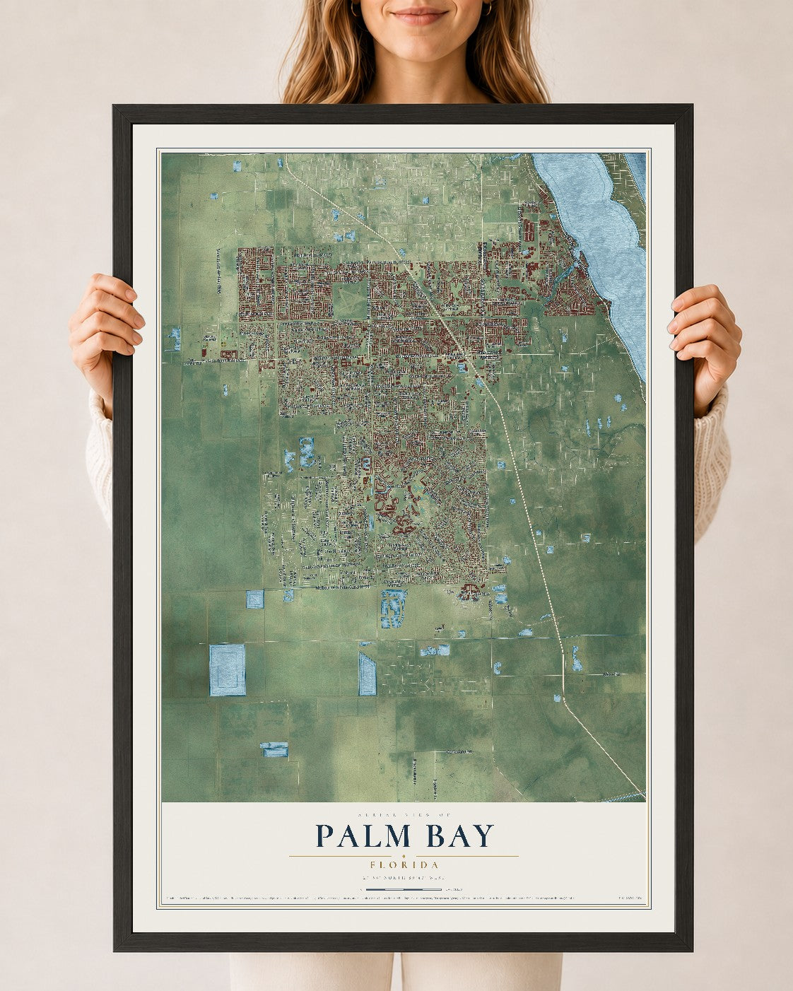Palm Bay, Florida map print, 24" x 36" W/ Black Ayous Wood Frame mockup