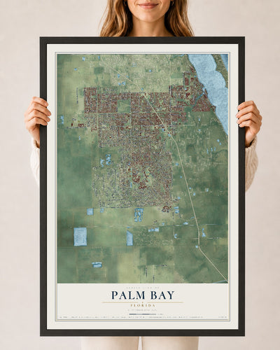 Palm Bay, Florida map print, 24" x 36" W/ Black Ayous Wood Frame mockup