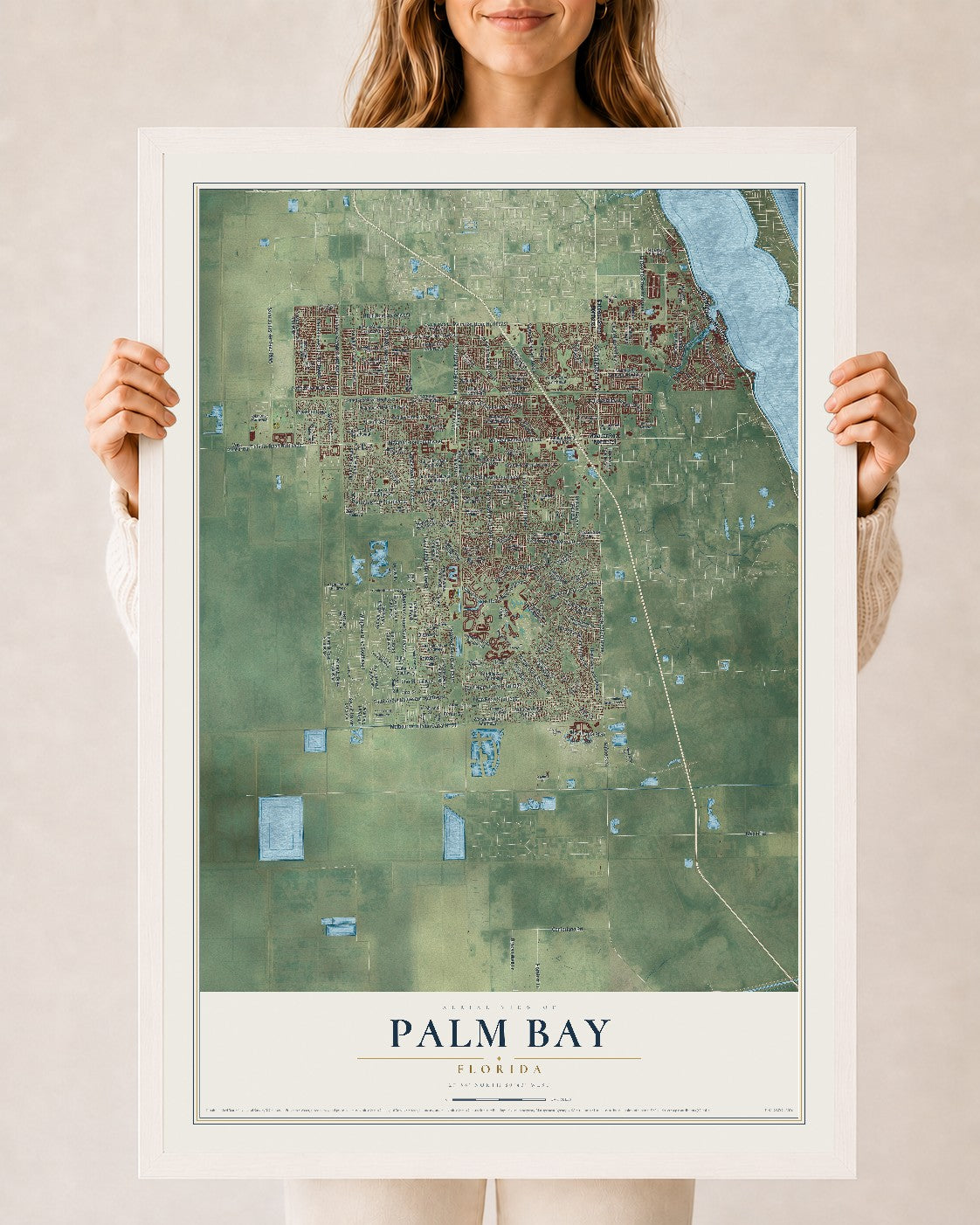 Palm Bay, Florida map print, 24" x 36" W/ White Ayous Wood Frame mockup