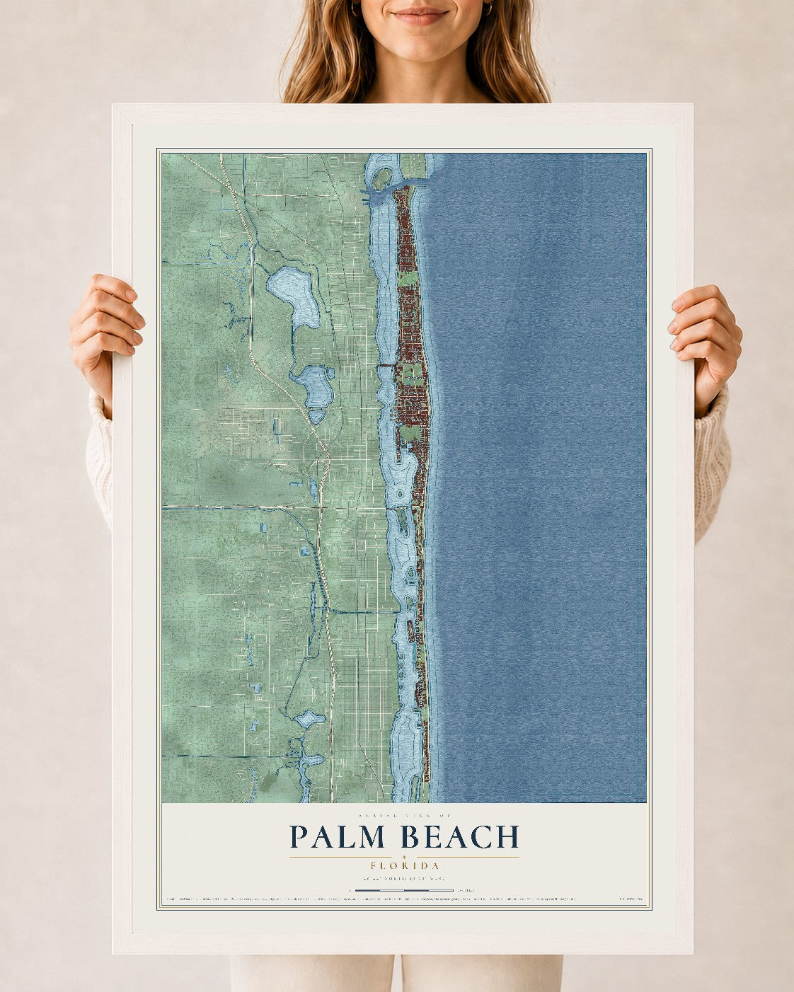 Palm Beach, Florida map print, 24" x 36" W/ White Ayous Wood Frame mockup