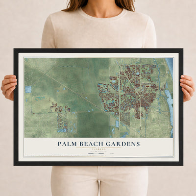 Palm Beach Gardens, Florida map print, 12" x 18" W/ Black Ayous Wood Frame mockup