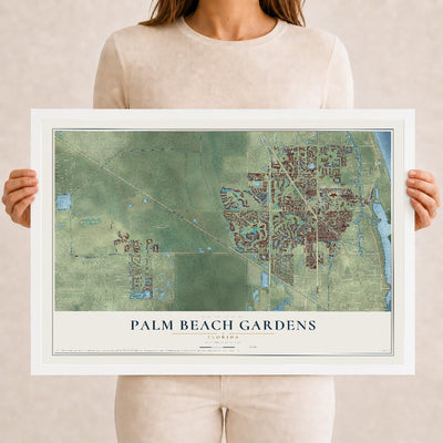 Palm Beach Gardens, Florida map print, 12" x 18" W/ White Ayous Wood Frame mockup