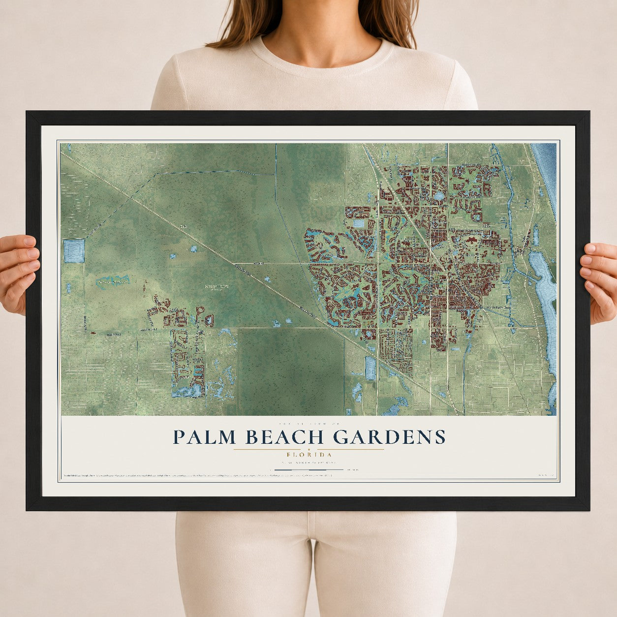 Palm Beach Gardens, Florida map print, 18" x 24" W/ Black Ayous Wood Frame mockup