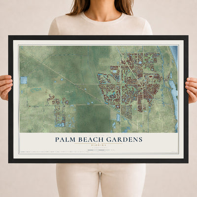 Palm Beach Gardens, Florida map print, 18" x 24" W/ Black Ayous Wood Frame mockup