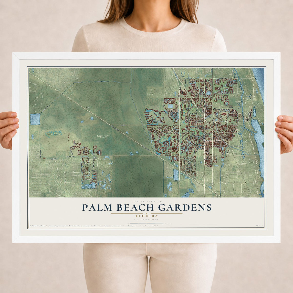 Palm Beach Gardens, Florida map print, 18" x 24" W/ White Ayous Wood Frame mockup