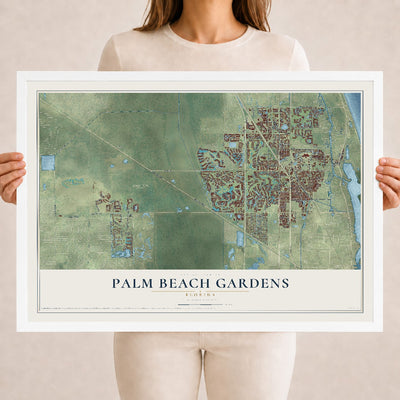 Palm Beach Gardens, Florida map print, 18" x 24" W/ White Ayous Wood Frame mockup